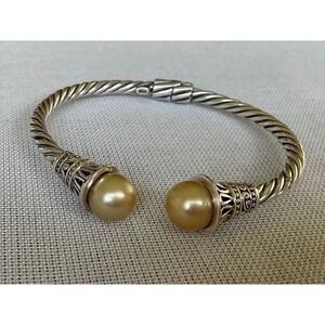 925 Sterling Silver hinged cable design cuff bracelet faux pearl Estate jewelry